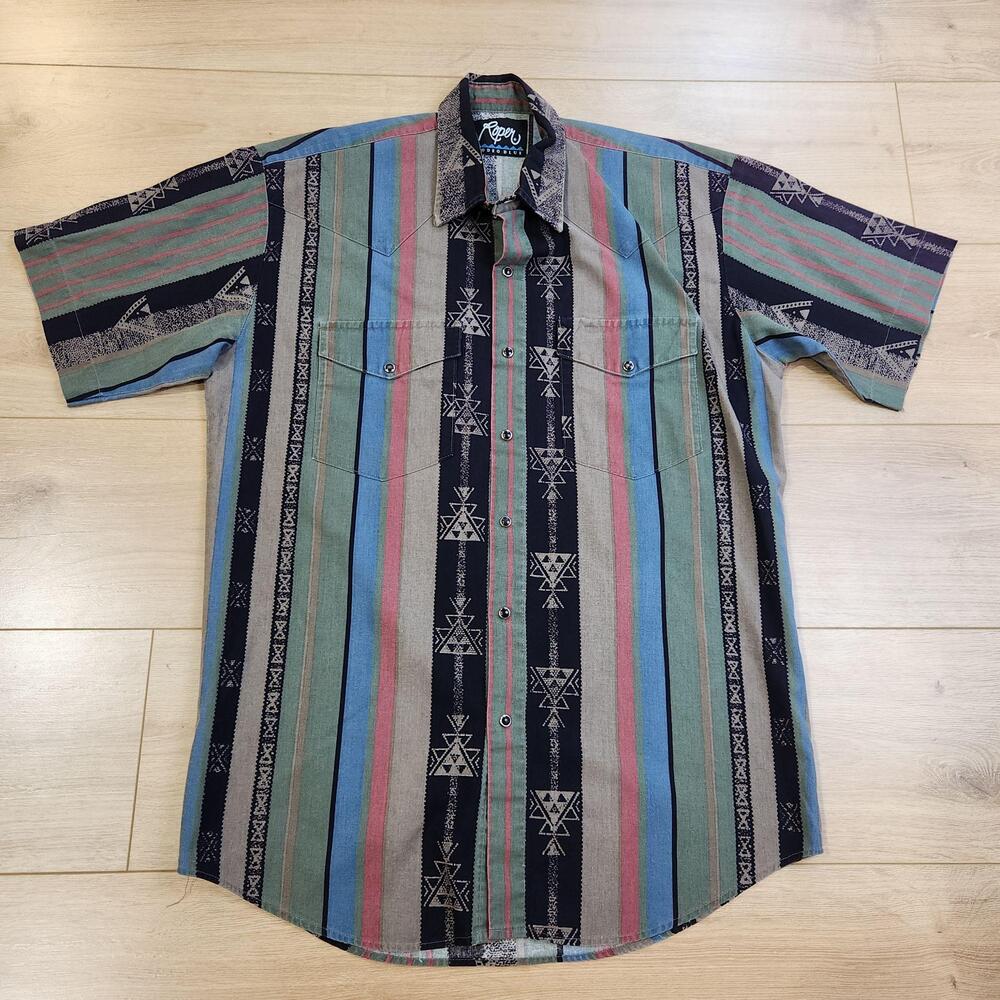 Roper Shirt Mens Large Multicolor Stripe Short Sleeve Western Aztec Pearl Snap